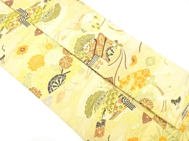  アンティーク　扇に御所車・花車・鶴模様織り出し名古屋帯（材料）